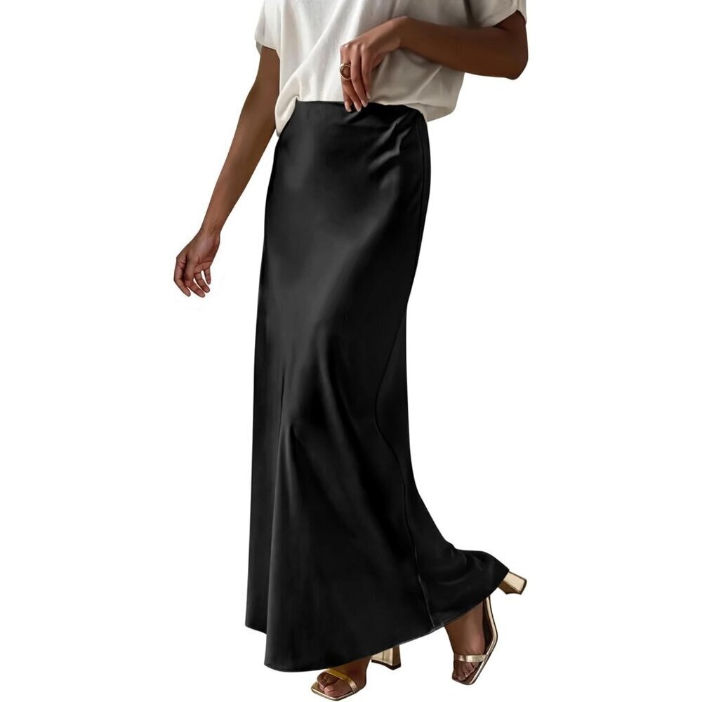 🆕 Women Black Maxi Dressy Casual Zipped High Waisted Flowy Elegant Long Skirt